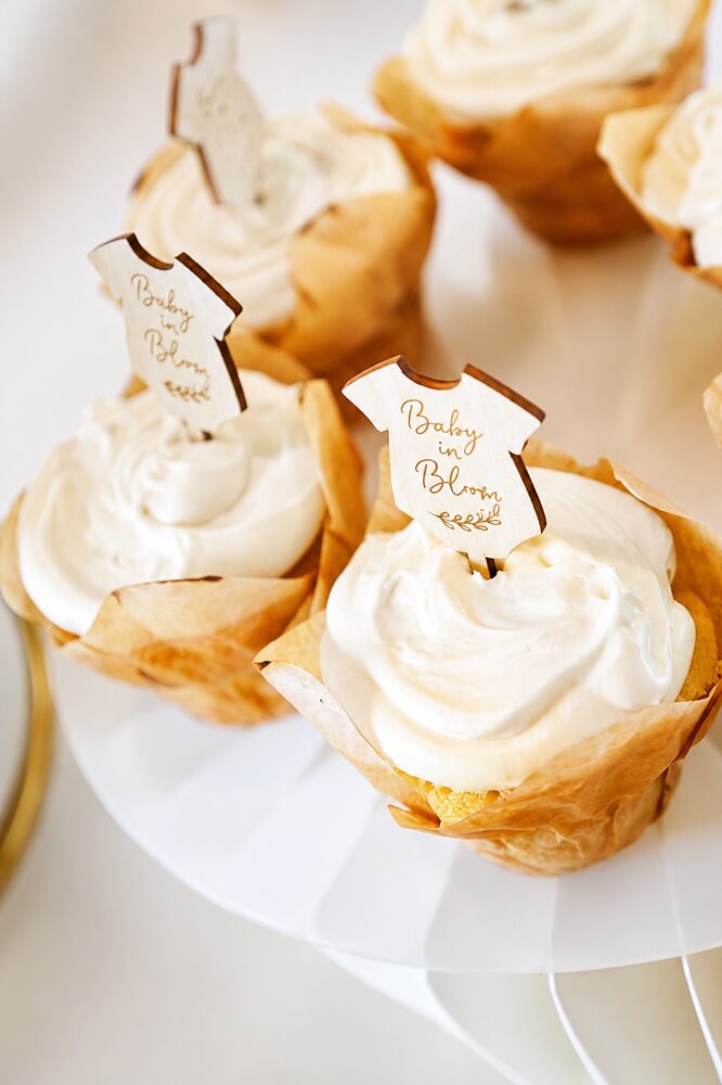 Baby in Bloom cupcakes with wooden toppers